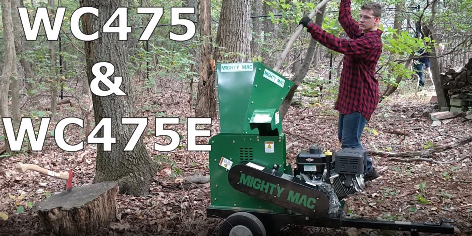 A thumbnail for a video about the Mighty Mack Wood Chipper WC75 & WC475e