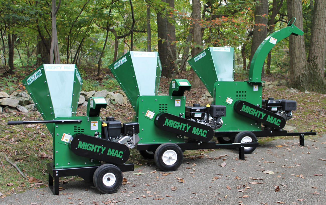 Various models of mighty mac wood chippers