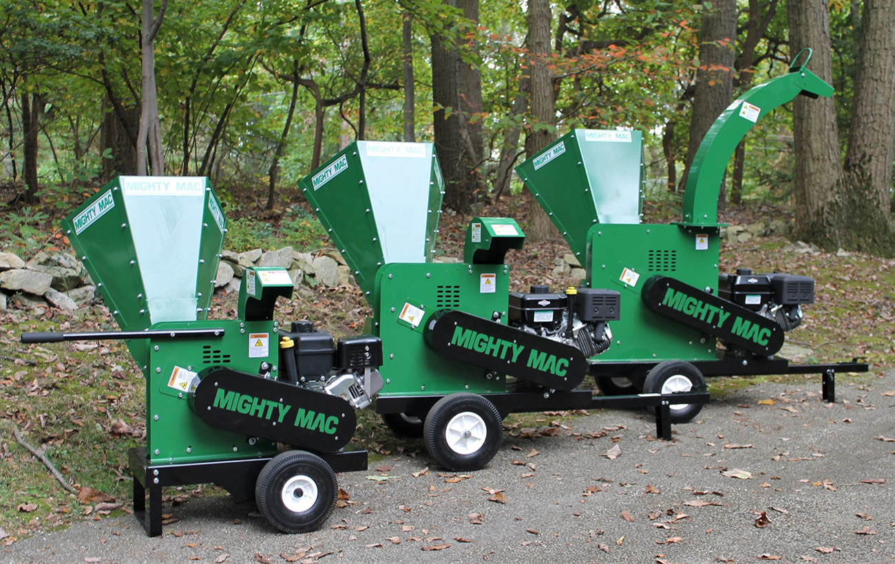 Various models of mighty mac wood chippers