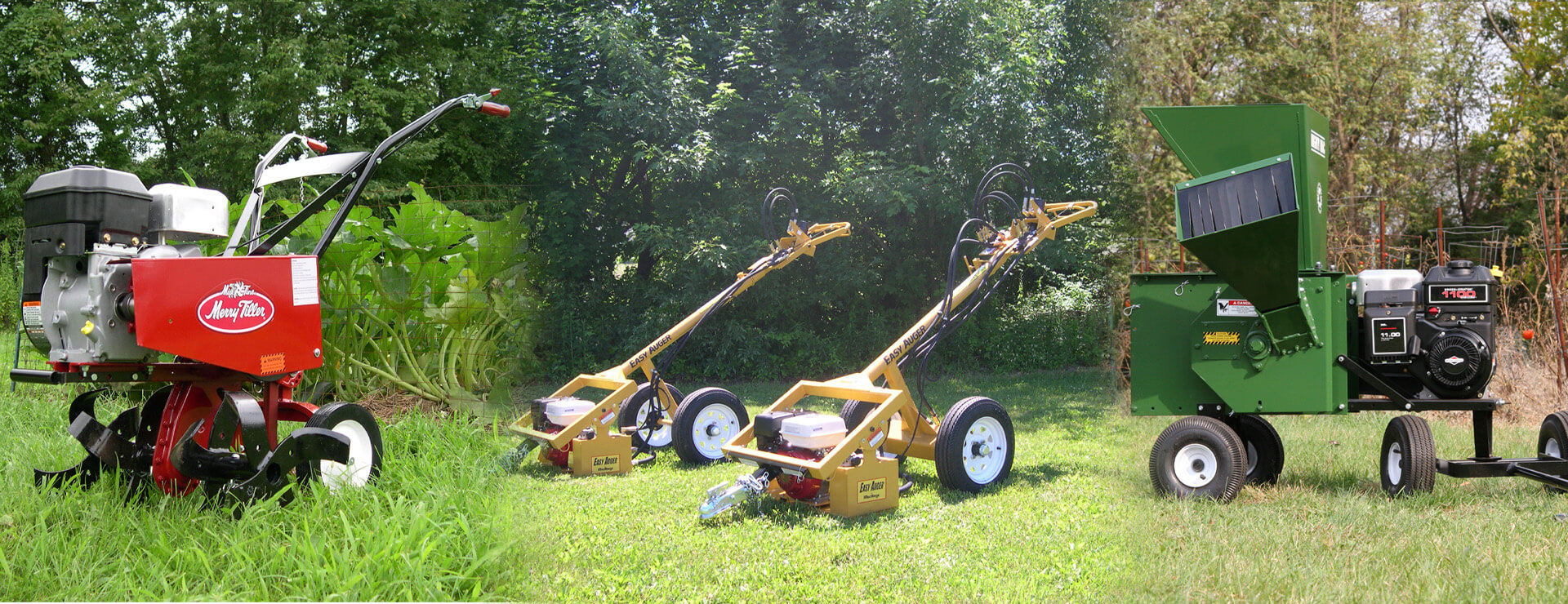(Left to right) Merry Tiller, Easy Auger, and Mighty Mac products