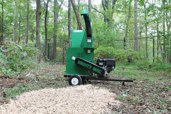 Mighty Mac Wood Chipper WC575E with freshly shredded wood